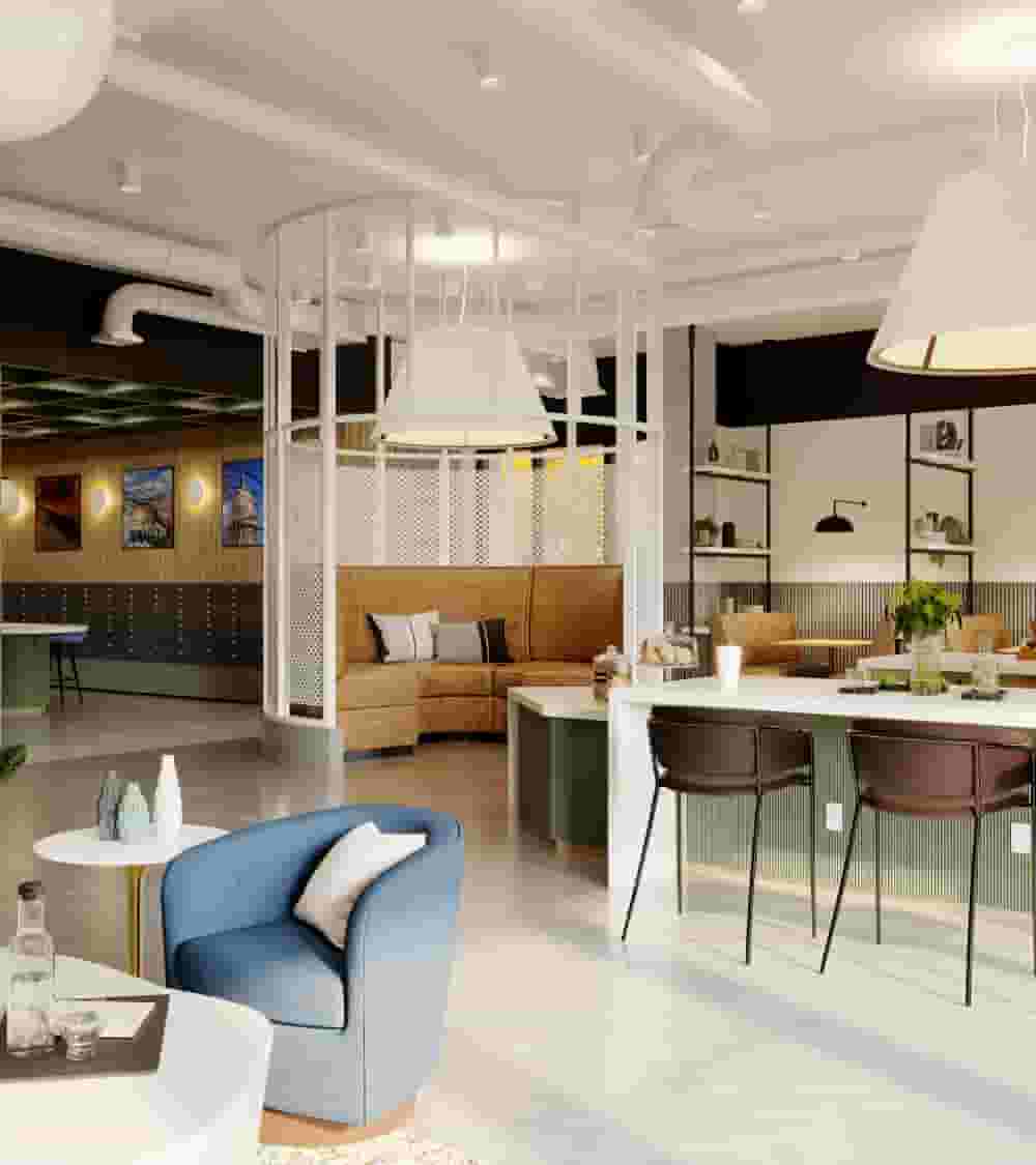 Reception lounge with coffee bar and cafe seating